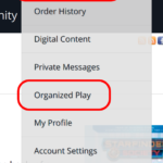 A screenshot of Paizo.com showing how to find the Organized Play link under My Account.